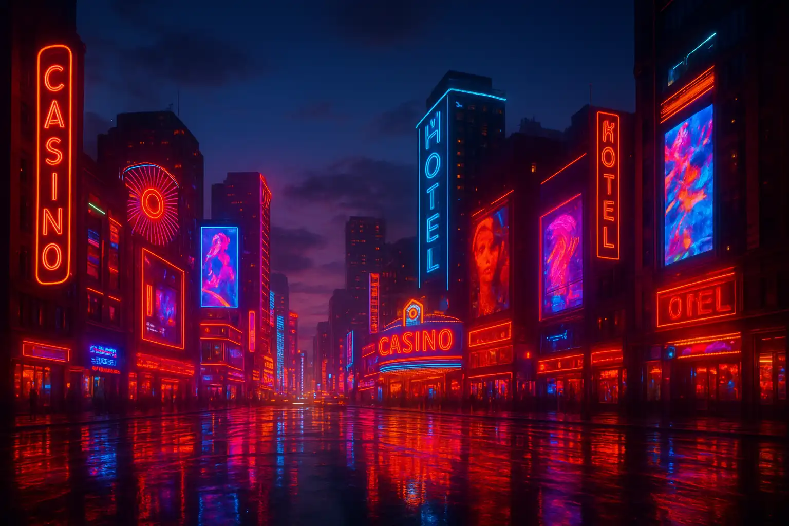 Wide shot of the Rollion neon district skyline at night with glowing casino signage