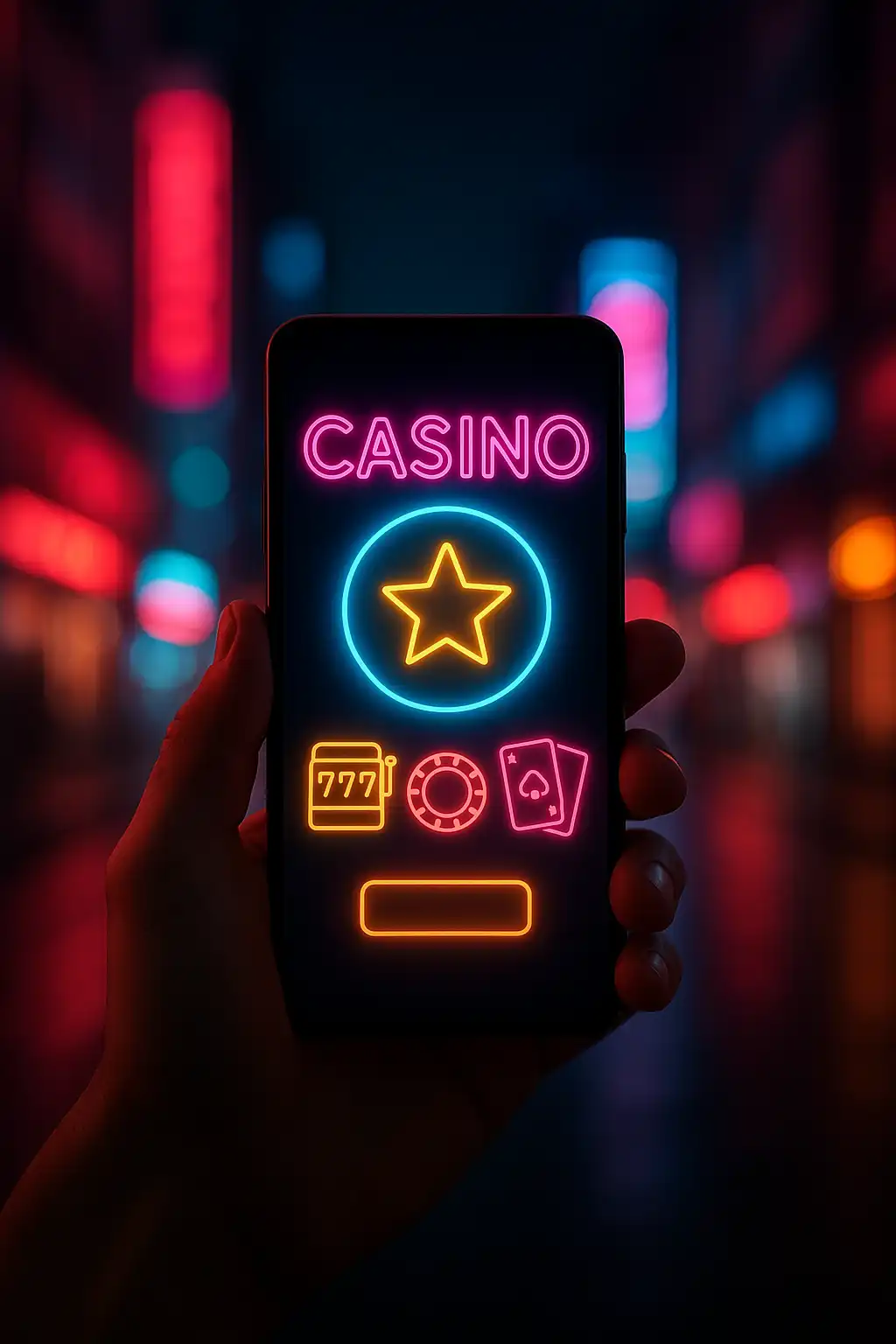 Hand holding a phone displaying the Rollion casino app lobby against a neon city backdrop