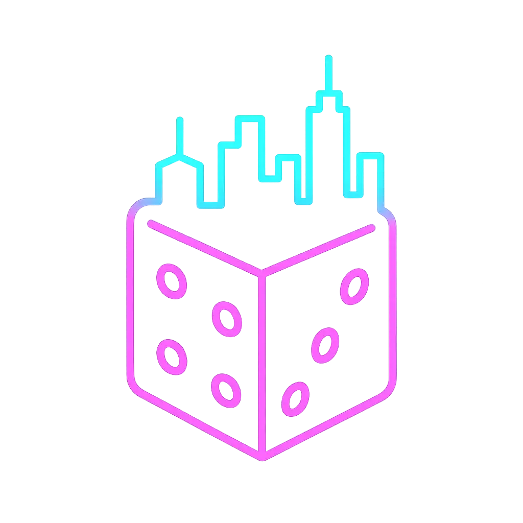 Rollion logo, neon dice inside a city skyline outline