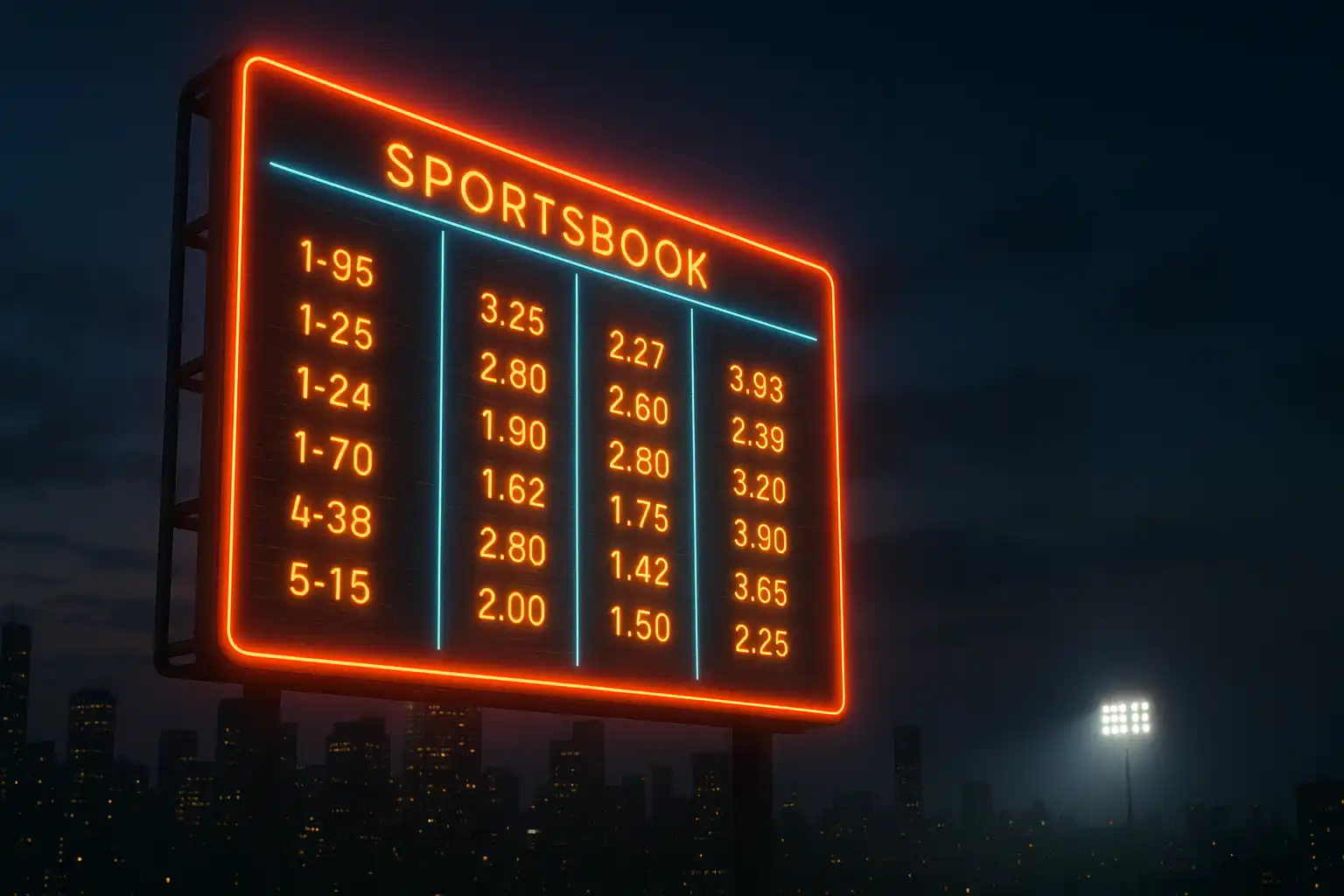 Neon sportsbook betting board glowing above a city skyline with live match odds
