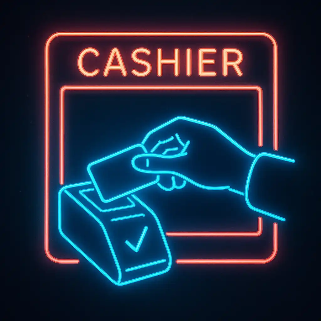Neon cashier window showing a deposit confirmation