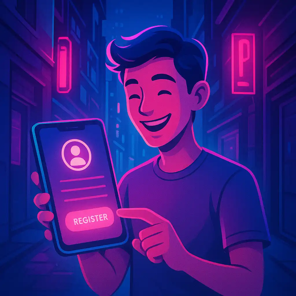 Player creating a Rollion account on a neon-lit phone screen