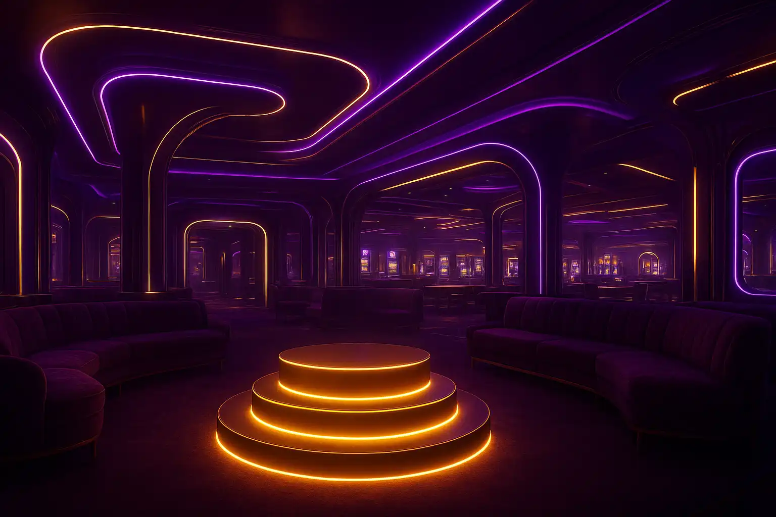 VIP lounge with neon purple lighting and a glowing loyalty tier board